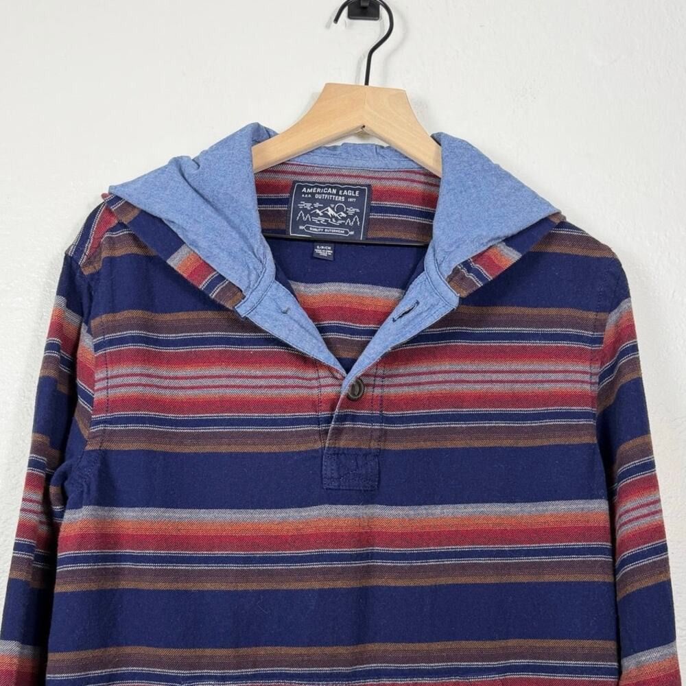 American Eagle Outfitters Striped Hooded Pullover Shirt Navy Red Small